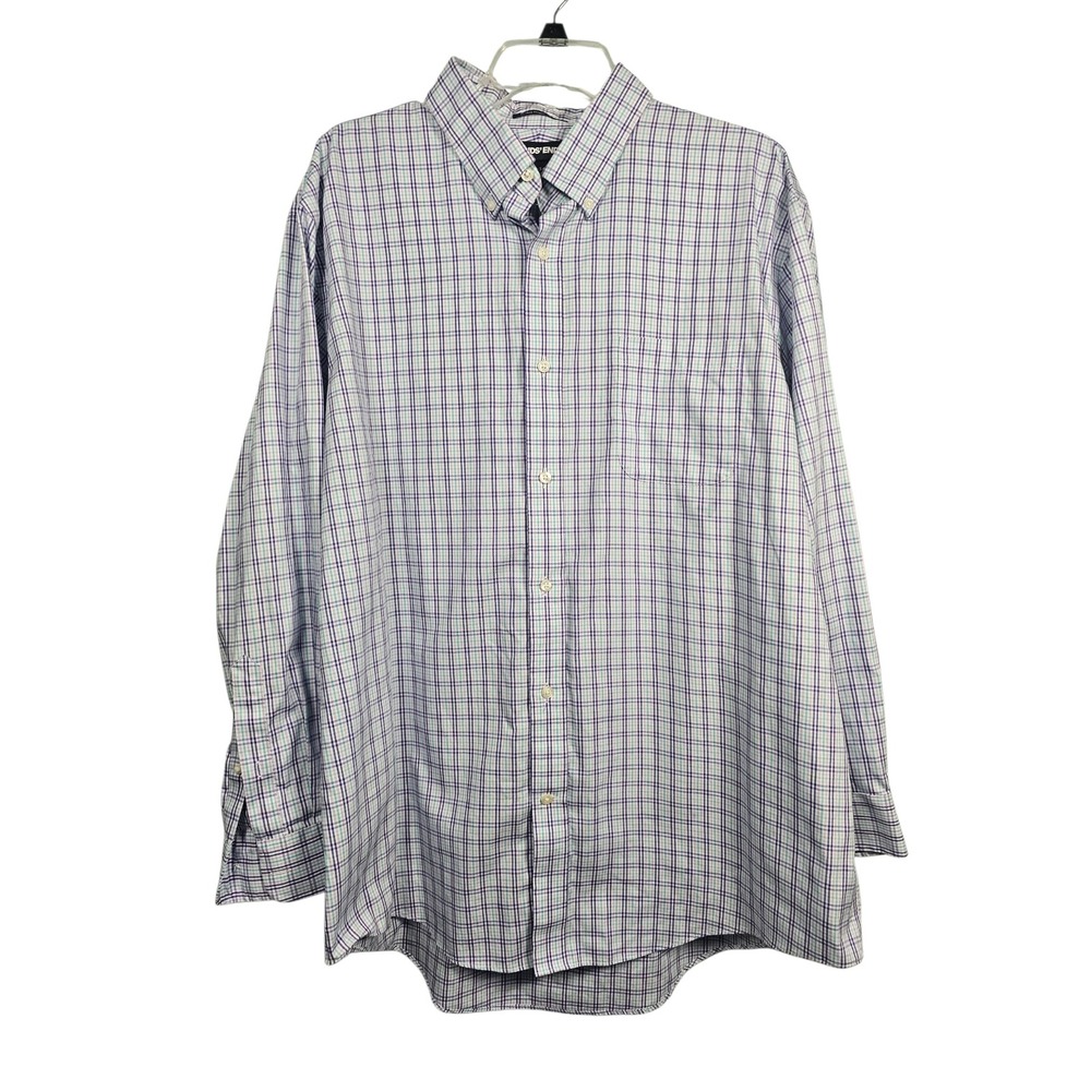 Lands' End Button Down Shirt Purple Teal Plaid Supima Cotton Mens 17.5-34
